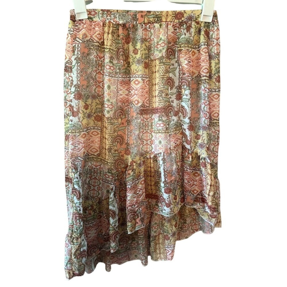 Knit Works Womens Large Paisley Patchwork High Low Ruffle Midi Skirt Orange Boho